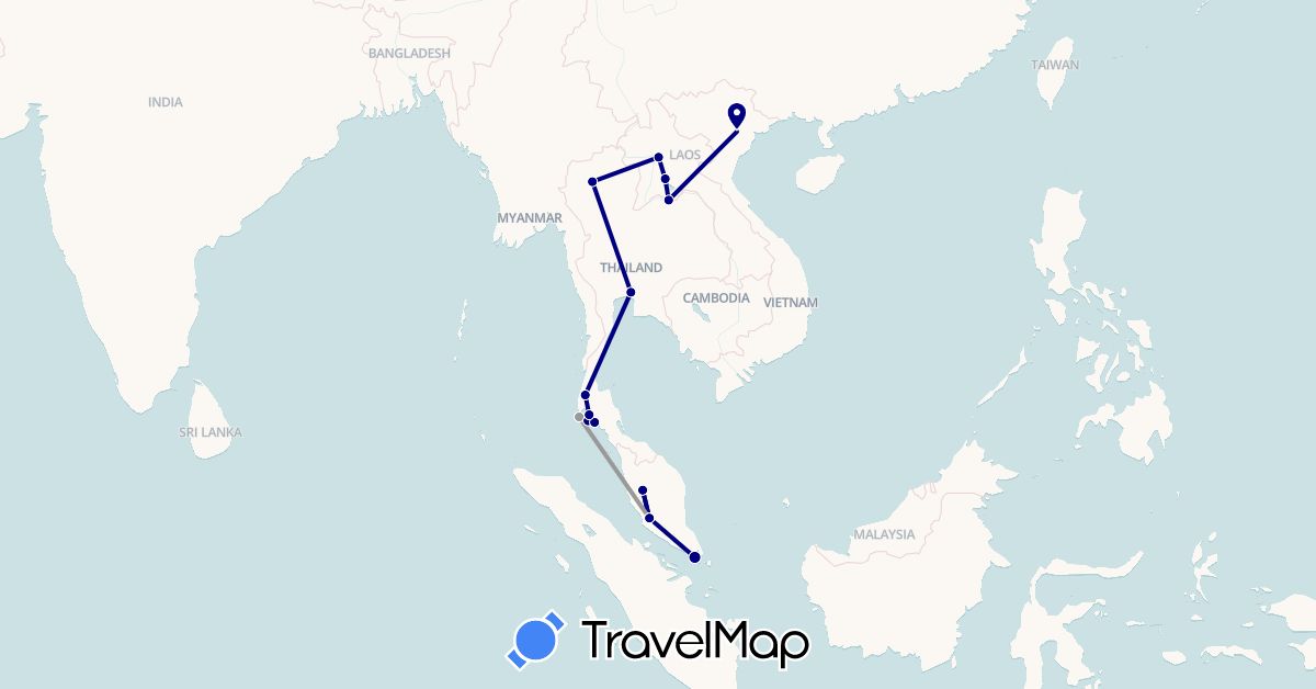 TravelMap itinerary: driving, plane in Laos, Malaysia, Singapore, Thailand, Vietnam (Asia)